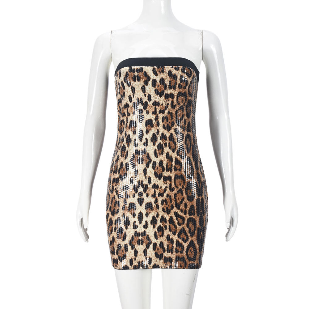 Womens Corset Leopard Sequin Dress Strapless night out club Bodycon mini dress