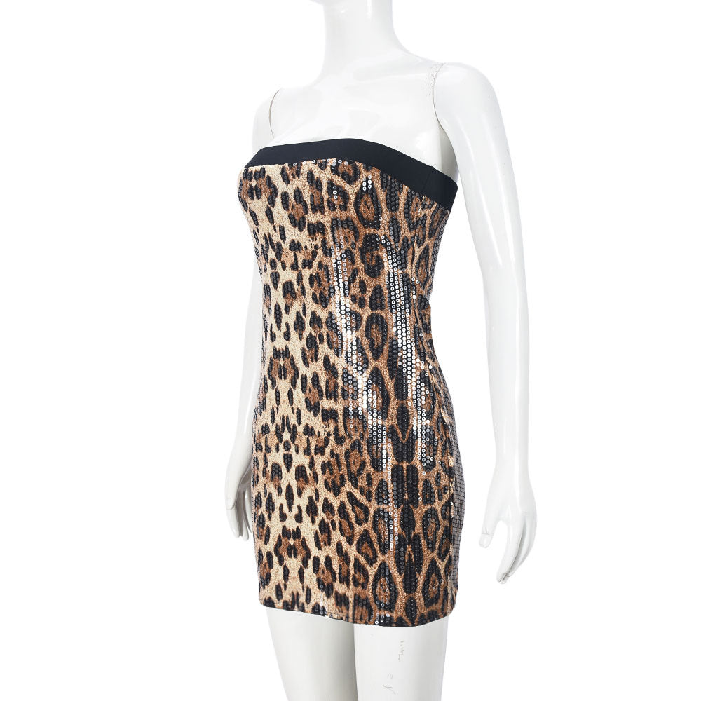 Womens Corset Leopard Sequin Dress Strapless night out club Bodycon mini dress