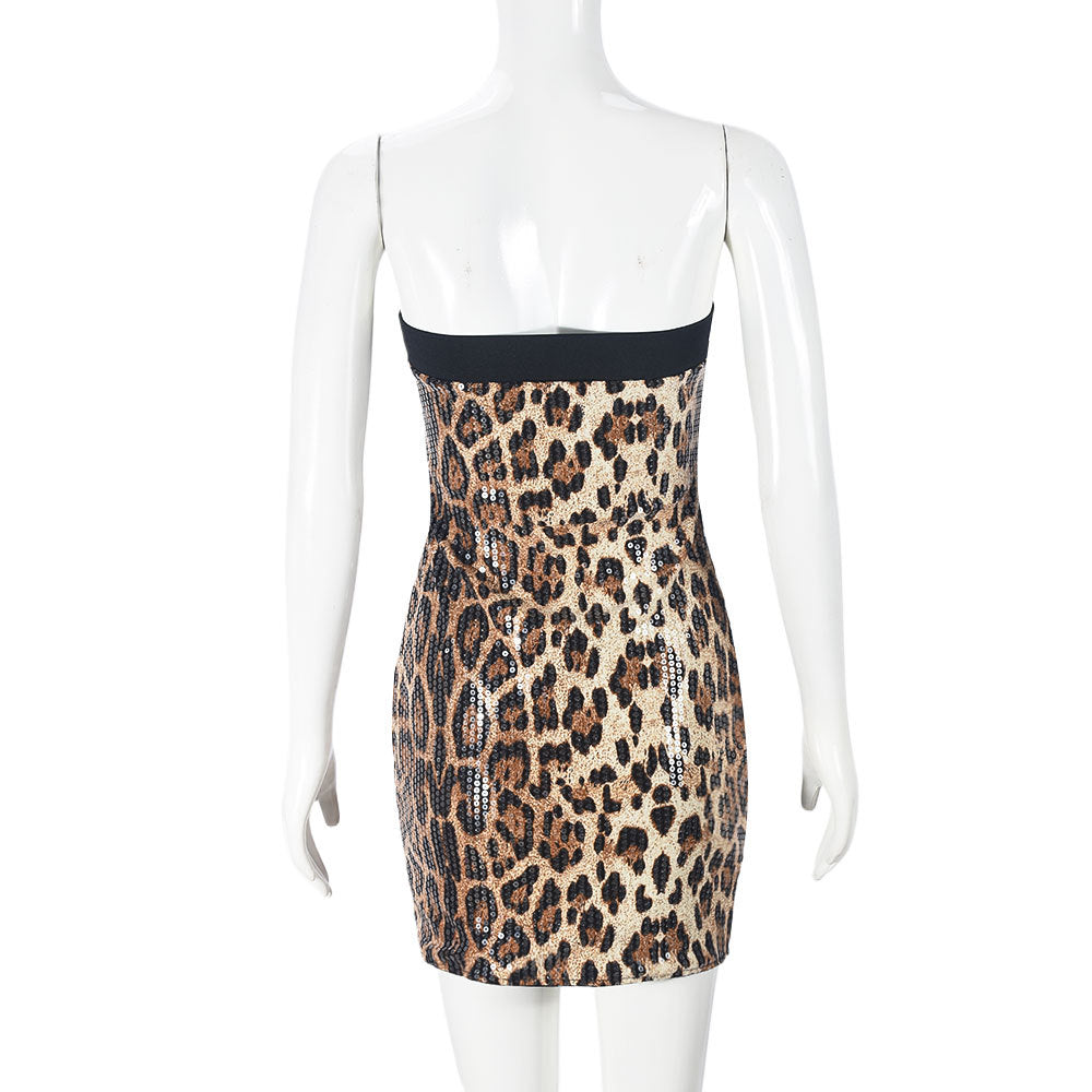 Womens Corset Leopard Sequin Dress Strapless night out club Bodycon mini dress